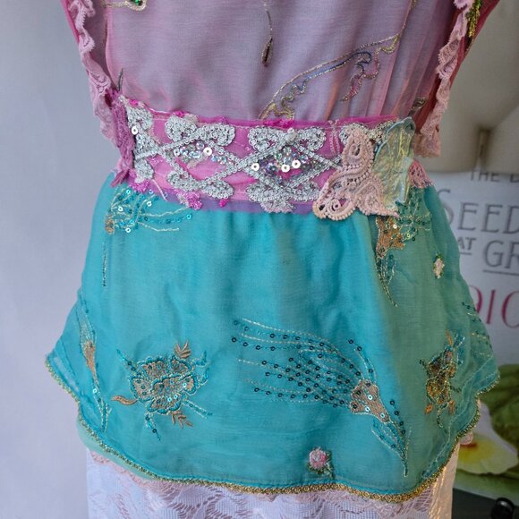 Handmade Tube Top Embroidered Sequins Flowers Vintage Romantic Blouse - Picture 8 of 13